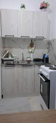 a white kitchen with a sink and a stove at Harmoniya apartment in Bar