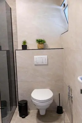 a bathroom with a toilet with two plants on the wall at Vila Luxembourg in Ulcinj