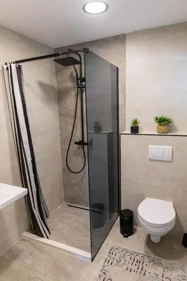 a bathroom with a shower and a toilet at Vila Luxembourg in Ulcinj