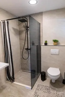 a bathroom with a shower and a toilet at Vila Luxembourg in Ulcinj