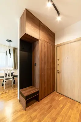 a room with a closet with a wooden door at Aurora 2 Apartment with Garage in Budva