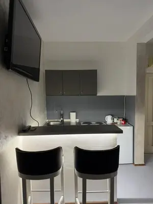 a kitchen with two chairs and a counter with a television at Petar Marstijepović in Bar, Susanj