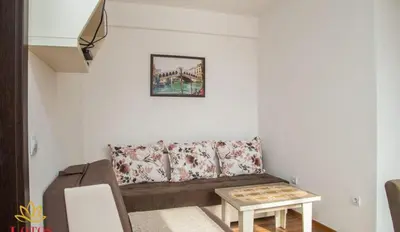 a living room with a couch and a table at Lotos - stan 423 in Dobra Voda