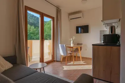 a living room with a couch and a table with a microwave at MonteHygge apartments in Tivat