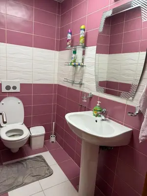 a pink bathroom with a sink and a toilet at two bedroom apartment with parking in Petrovac na Moru