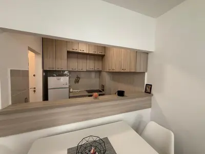 a kitchen with wooden cabinets and a white refrigerator at Stan na dan BUDVA in Budva