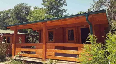 a log cabin with a black roof at Sweet one bedroom cottage Ada Bojana - Ulcinj in Ulcinj