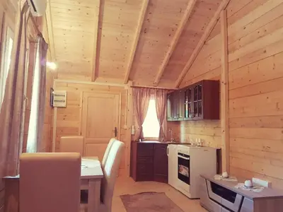 a kitchen with a table and a stove and a counter at Sweet one bedroom cottage Ada Bojana - Ulcinj in Ulcinj