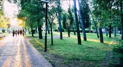 a group of people walking in a park with trees at Bokeska apartment in Podgorica