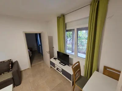 a living room with a television and a table with chairs at Guest house Danica in Bar