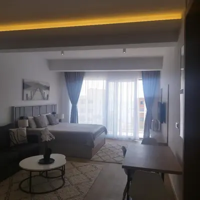 a bedroom with a bed and a couch and a table at Apartman Gioia in Becici