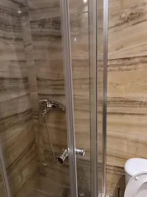 a shower with a glass door next to a toilet at Martina Apartmani in Budva