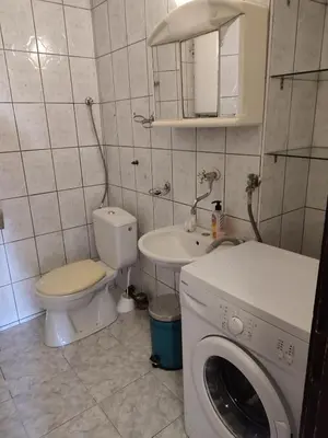 a bathroom with a toilet sink and a washing machine at Lena's Place Near City Center in Bar