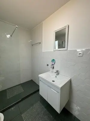 a white bathroom with a sink and a mirror at Deaf Valley Apartment 1 in Reljići