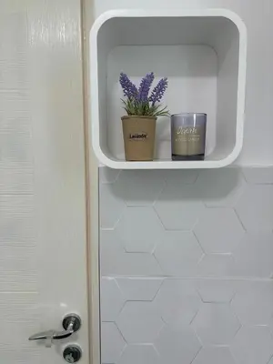 a bathroom with a shelf with two plants in it at Deaf Valley Apartment 1 in Reljići