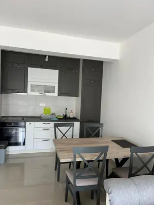 a kitchen with a wooden table and chairs in it at Amber Sky Apartments in Bjeliši