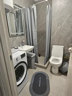 a bathroom with a washing machine and a toilet at Rozino Budva in Budva