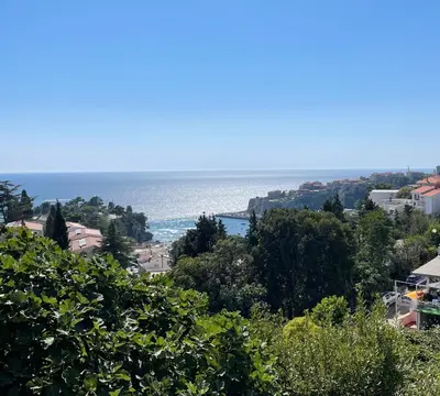 a view of the ocean from a hill with trees at Solea Apartments in Ulcinj