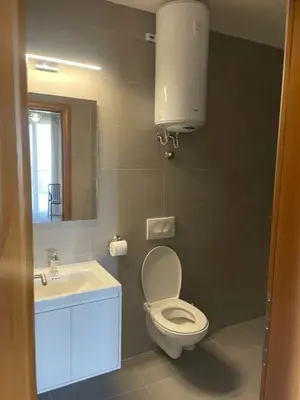 a bathroom with a toilet and a sink and a mirror at Quattro Rocce Apartments Zelen in Sutomore