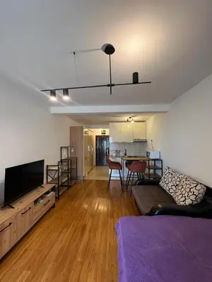 a living room with a couch and a tv and a table at PriSMi PRZNO in Pržno