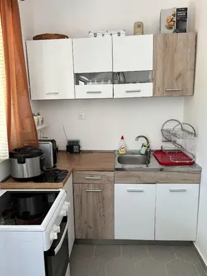 a small kitchen with white cabinets and a sink at Deaf Valley Apartment 2 in Reljići