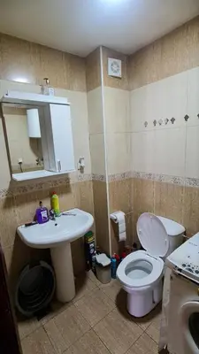 a bathroom with a sink and a toilet and a mirror at Apartman braco in Budva