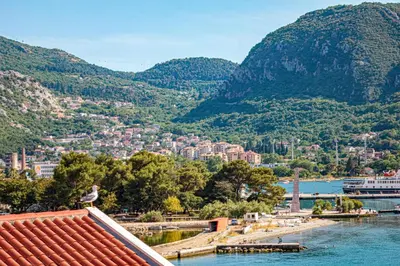 a bird sitting on the roof of a building next to the water at Barona Seaview Penthouse Kotor Bay in Kotor