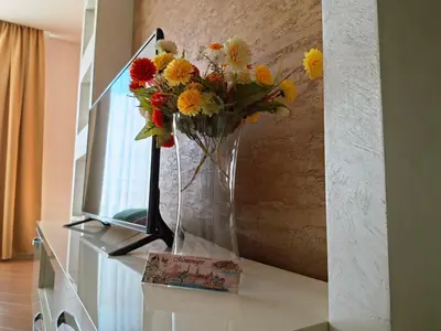 a vase of flowers sitting on a counter in a room at Cozy City Center Studio in Babalonija