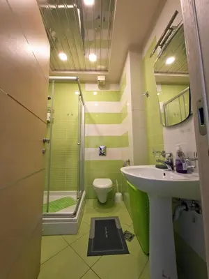 a bathroom with a sink and a shower and a toilet at Cozy City Center Studio in Babalonija