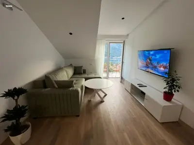 a living room with a couch and a tv on a wall at Petra & Vuk Apartments Kotor in Kotor
