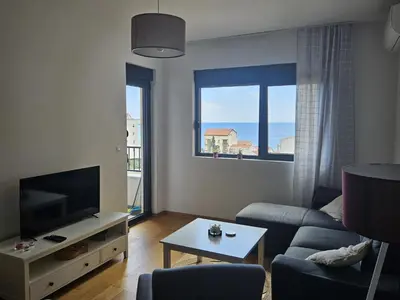 a living room with a couch and a tv at Apartament Onyx in Becici