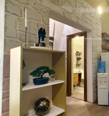a room with a shelf with a plant and a mirror at Golden Ray Bigova in Bigovo