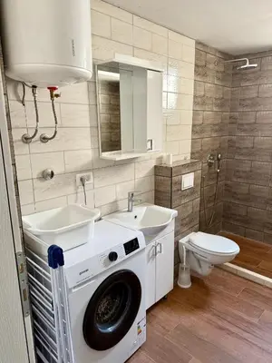 a bathroom with a washing machine and a sink at Harmonia in Dobra Voda