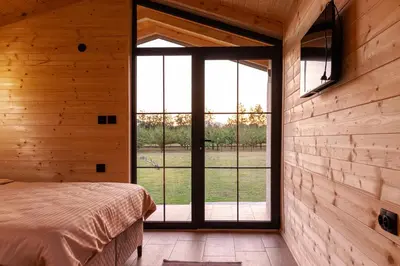 a bedroom with a bed and a large window at Jelena in Balabani