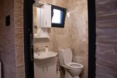 a bathroom with a toilet and a sink and a window at Jelena in Balabani