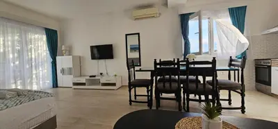 a living room with a table and chairs in a room at Aqua Apartments in Bigovo