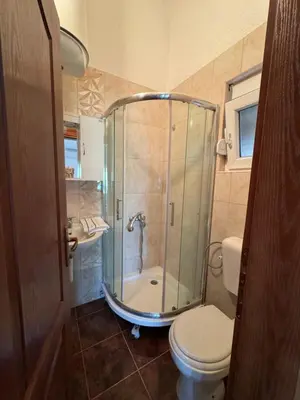 a bathroom with a shower and a toilet at Apartmani Sutomore in Sutomore