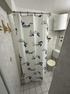 a bathroom with a shower curtain with drawings of daedalus at Atlantic-Moj market in Boreti