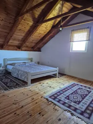 a bedroom with a bed in a room with wooden ceilings at Old Fisherman House, Skadar lake in Rogani