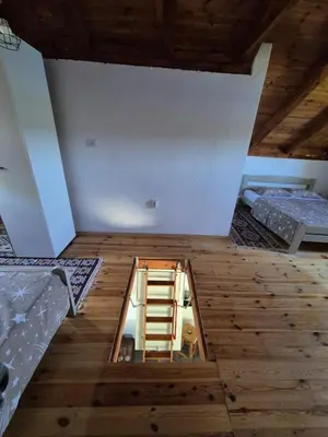 a room with a ladder in a room with two beds at Old Fisherman House, Skadar lake in Rogani