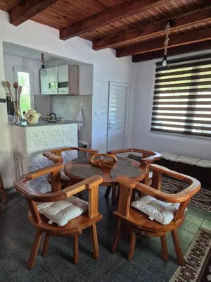 a room with a table and chairs and a kitchen at Old Fisherman House, Skadar lake in Rogani