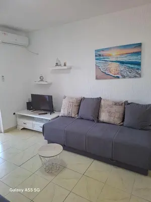 a living room with a couch and a tv at Mila apartman in Budva