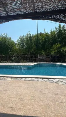 a swimming pool with blue water in a yard at Old Olive Tree Apartment in Bar