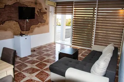 a living room with a couch and a tv at Old Olive Tree Apartment in Bar