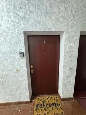 a brown door in a room with a welcome mat at Apartman Lord in Sutomore