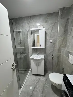 a bathroom with a shower and a sink and a toilet at Mona in Ulcinj