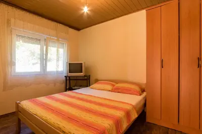 a bedroom with a bed and a window and a television at Apartment Sjekloca in Virpazar