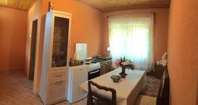 a kitchen with a table and a white stove top oven at Apartment Sjekloca in Virpazar