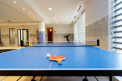 a ping pong table with a ping pong ball on it at Hotel PIO in Ulcinj