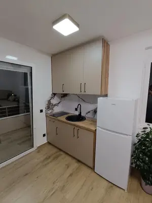 a kitchen with a sink and a white refrigerator at ApartmaniMD apartman 2 mirno utociste in Sutomore